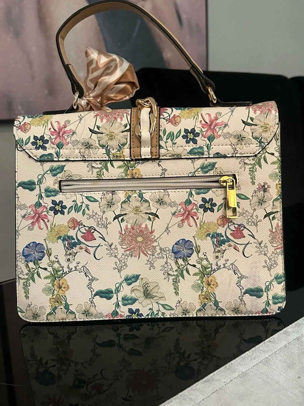 Aldo Floral Print Satchel with Tan Silk Scarf Accent